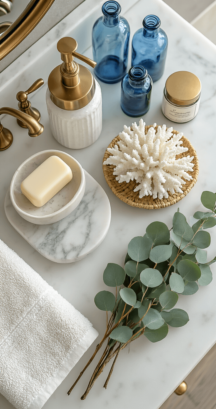 Coastal Bathroom Decor: Your Ultimate Guide to Serene Seaside Style Overhead view of a marble vanity topped with artisanal pottery soap dish, white coral, blue apothecary bottles, and a hand-tied eucalyptus bundle, illuminated by morning light reflecting off brass fixtures, complemented by a patterned Turkish hand towel and a natural fiber tray organizing the items.