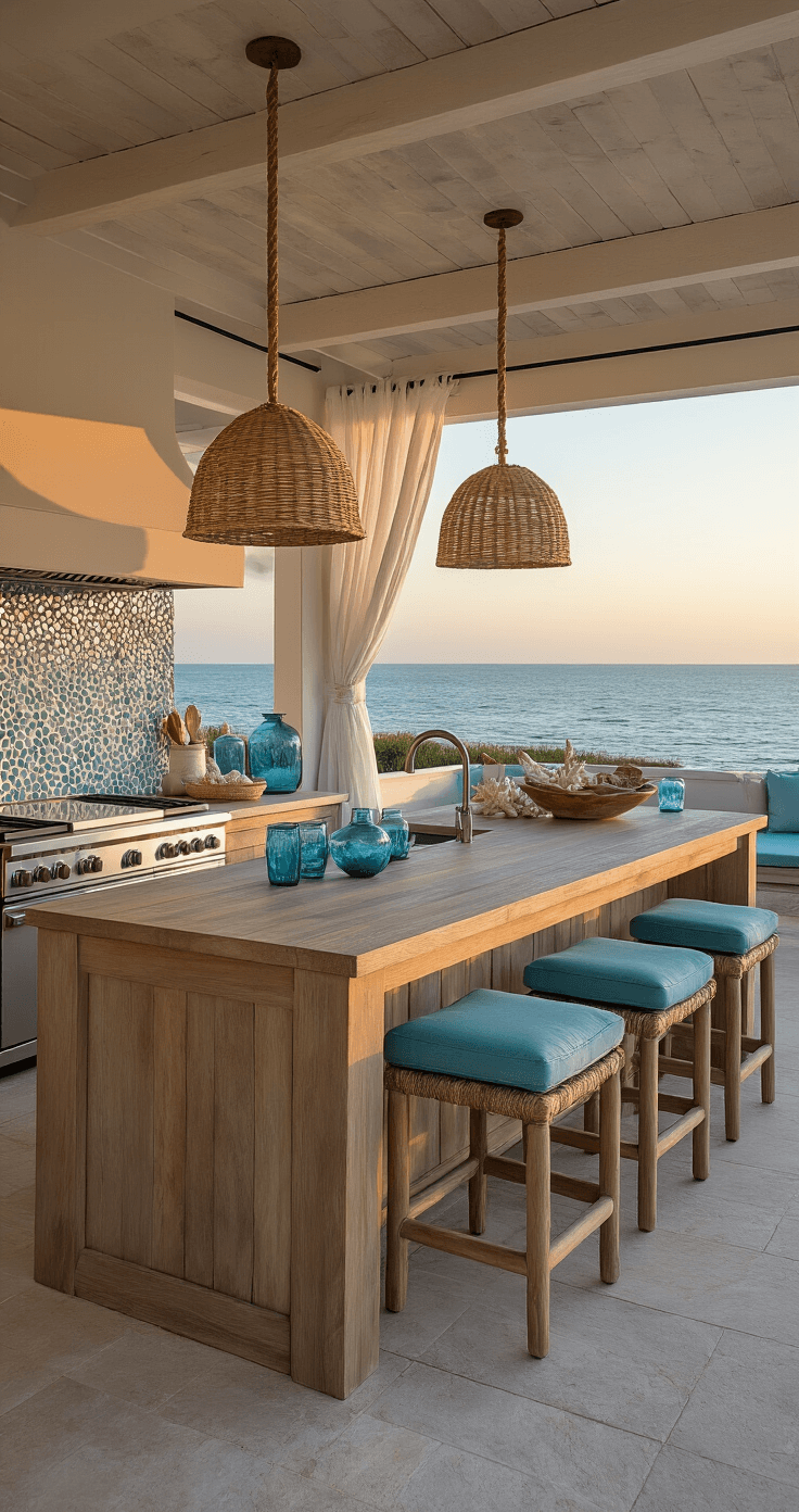 Coastal Outdoor Kitchen: Transform Your Backyard into a Seaside Cooking Paradise A luxurious outdoor kitchen pavilion with a teak L-shaped island and marine-grade appliances, featuring seafoam blue bar stools and a natural shell mosaic backsplash, illuminated by warm golden light. Coastal décor and soft curtains enhance the serene atmosphere against a blurred ocean backdrop.