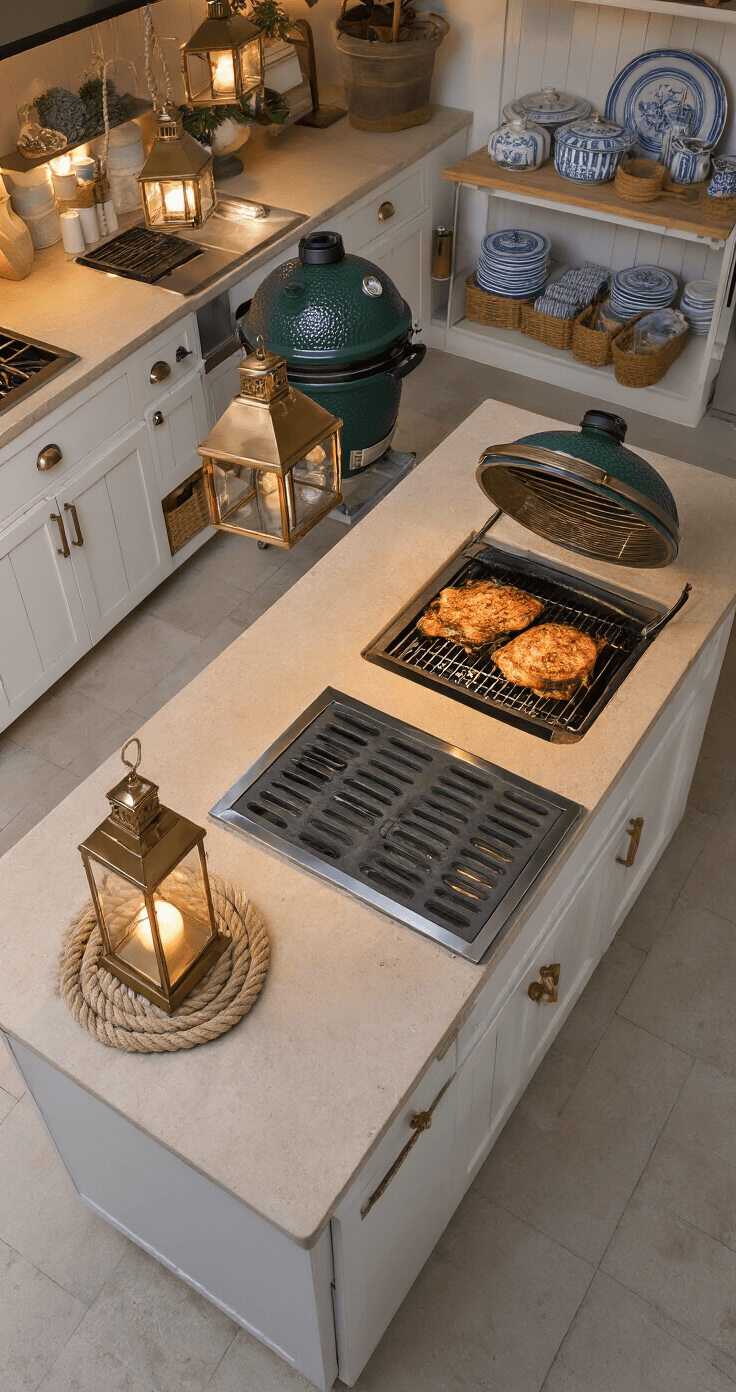 Coastal Outdoor Kitchen: Transform Your Backyard into a Seaside Cooking Paradise Overhead view of an intimate dusk cooking zone featuring a ceramic Big Green Egg grill in a white powder-coated aluminum island, surrounded by sandy beige quartz countertops with organized cooking stations. Nautical brass lanterns provide warm light, highlighting woven rope cabinet pulls and vintage blue and white striped dishware on open shelving. The ambiance blends ambient dusk blues with warm artificial lighting, evoking a seaside entertainment mood.