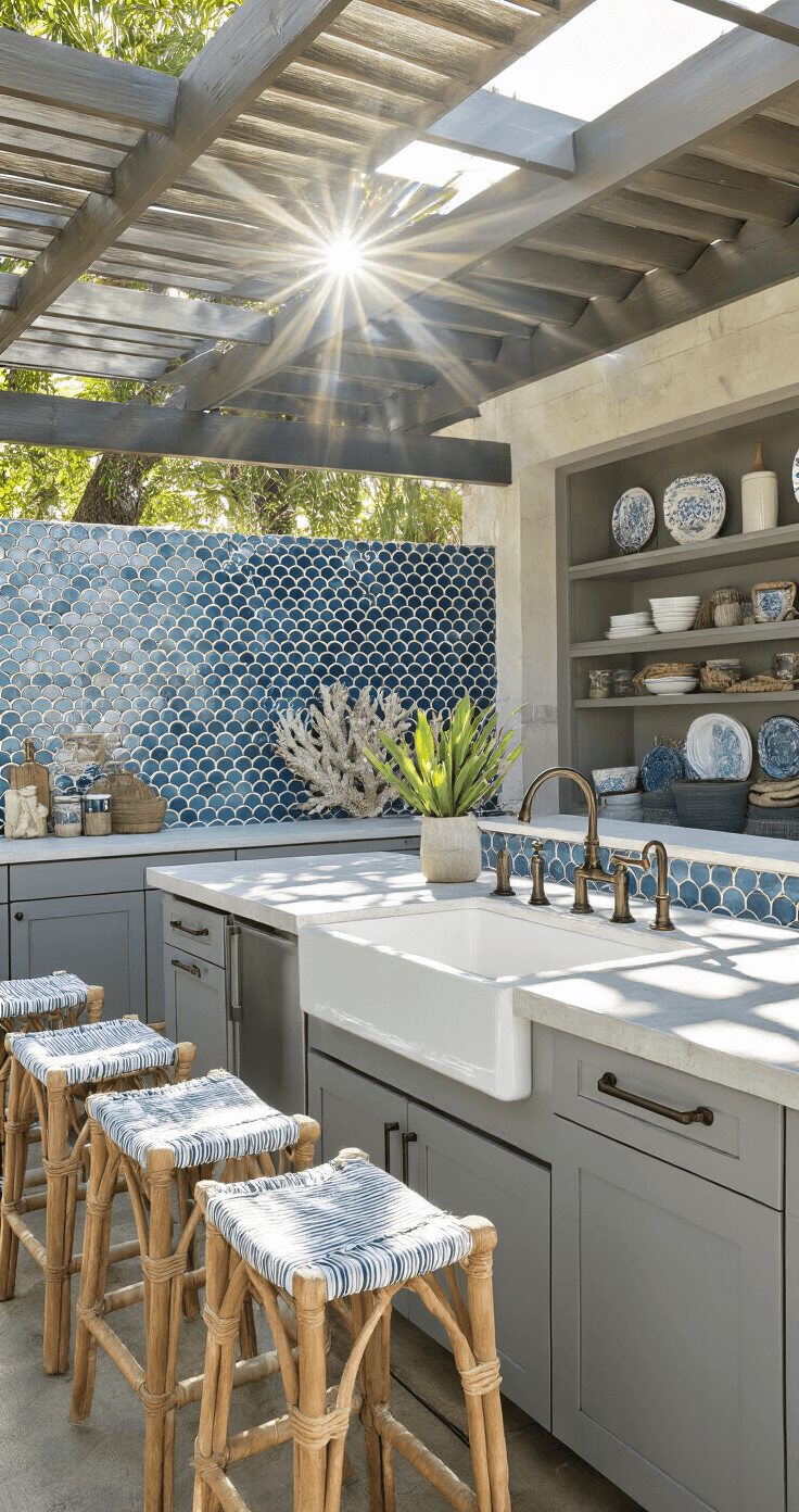 Coastal Outdoor Kitchen: Transform Your Backyard into a Seaside Cooking Paradise A vibrant outdoor bar area featuring weathered gray U-shaped kitchen units, a white farmhouse sink with bronze fixtures, and blue mosaic tiles, bathed in morning light with coastal decor and natural jute bar stools.