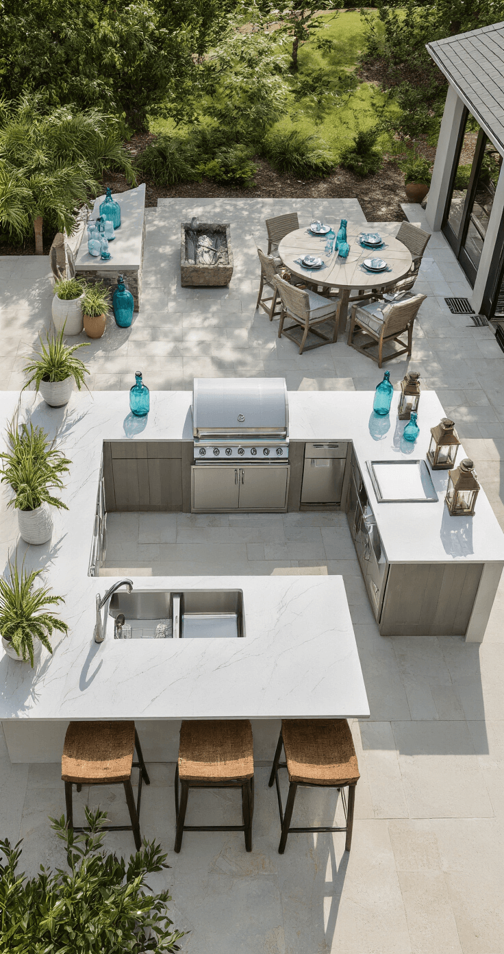 Coastal Outdoor Kitchen: Transform Your Backyard into a Seaside Cooking Paradise Overhead view of a 24x18ft outdoor kitchen layout featuring a central island with white concrete countertops, a professional-grade grill in brushed stainless, and designated zones for prep, bar, and dining. The design includes a coastal palette of seafoam, driftwood gray, and shell white, adorned with hurricane lanterns, potted coastal grasses, and blue glass bottles, all under natural afternoon lighting with sharp focus.