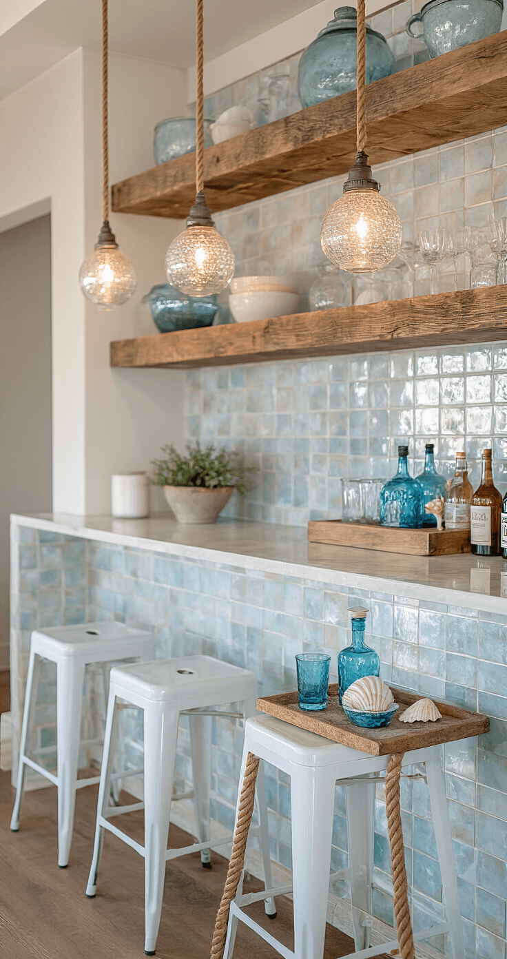 Coastal Outdoor Kitchen: Transform Your Backyard into a Seaside Cooking Paradise Detail shot of a coastal-themed bar nook featuring weathered barnwood shelves, mercury glass pendants, white-painted metal bar stools, and a stylish bar cart with blue glass decanters, captured at magic hour with selective focus on the foreground.