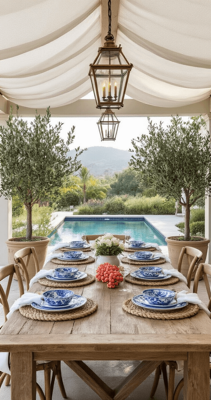 Coastal Outdoor Kitchen: Transform Your Backyard into a Seaside Cooking Paradise Late afternoon scene of a 15x12ft dining area near a kitchen, featuring a reclaimed teak table set with blue and white chinoiserie plates, surrounded by potted olive trees. An overhead structure draped in white fabric adds elegance, with vintage brass lanterns holding flameless candles. The layered table setting includes rope chargers, linen napkins, and a coral centerpiece, all captured at seated eye level with soft natural light.