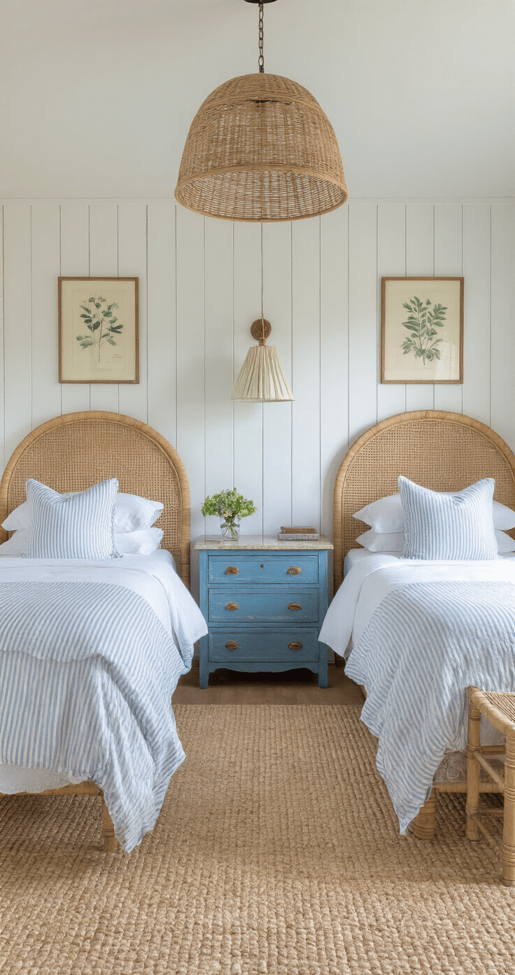 Coastal Granddaughter Room: Your Ultimate Guide to Dreamy, Breezy Bedroom Styling Corner view of a cozy 15x15ft guest bedroom featuring twin beds with rattan headboards, white linens, and blue striped duvets, complemented by a vintage nightstand and distressed blue dresser, all illuminated by afternoon light.