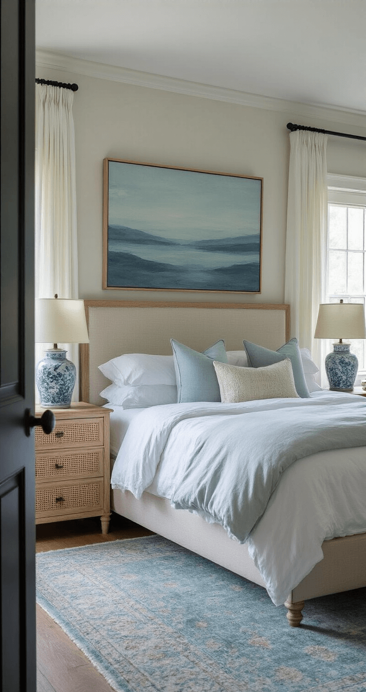 Coastal Granddaughter Room: Your Ultimate Guide to Dreamy, Breezy Bedroom Styling Moody twilight image of a 13x16ft bedroom viewed from the doorway, featuring a queen bed with a natural linen headboard, layered white and ivory bedding with blue accents, cane-front nightstands with ginger jar lamps, and a large abstract seascape in blues and grays above the bed. A vintage overdyed rug in muted aqua lies on the floor, complemented by white drapes with a subtle shell pattern. The scene is lit with a mix of warm ambient light and cool blue window light.