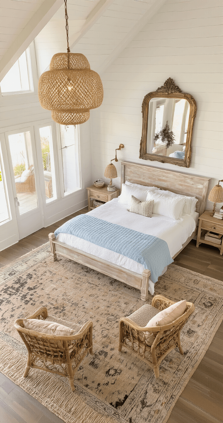 Coastal Granddaughter Room: Your Ultimate Guide to Dreamy, Breezy Bedroom Styling Aerial view of a primary suite at sunset featuring a king bed with a whitewashed wooden frame, cloud-white linens, a pale blue quilt, and blush accents. Rattan chairs create a conversation area, while an oversized vintage mirror reflects golden light. The room has a natural fiber rug layered with an antique Oushak and white walls adorned with black and white coastal photography.