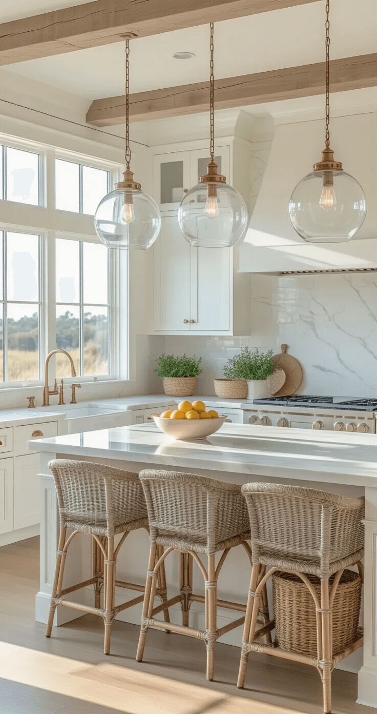 A wide-angle shot of a sun-drenched coastal kitchen featuring white shaker cabinets with brass handles, oversized glass pendant lights, and marble-look quartz countertops. The central island is surrounded by weathered gray rattan barstools, while natural light floods in through floor-to-ceiling windows, enhancing a white shiplap accent wall. Decor includes a ceramic bowl of lemons, potted herbs, and seagrass baskets, with a color palette of crisp white, sand beige, and sea glass blue.