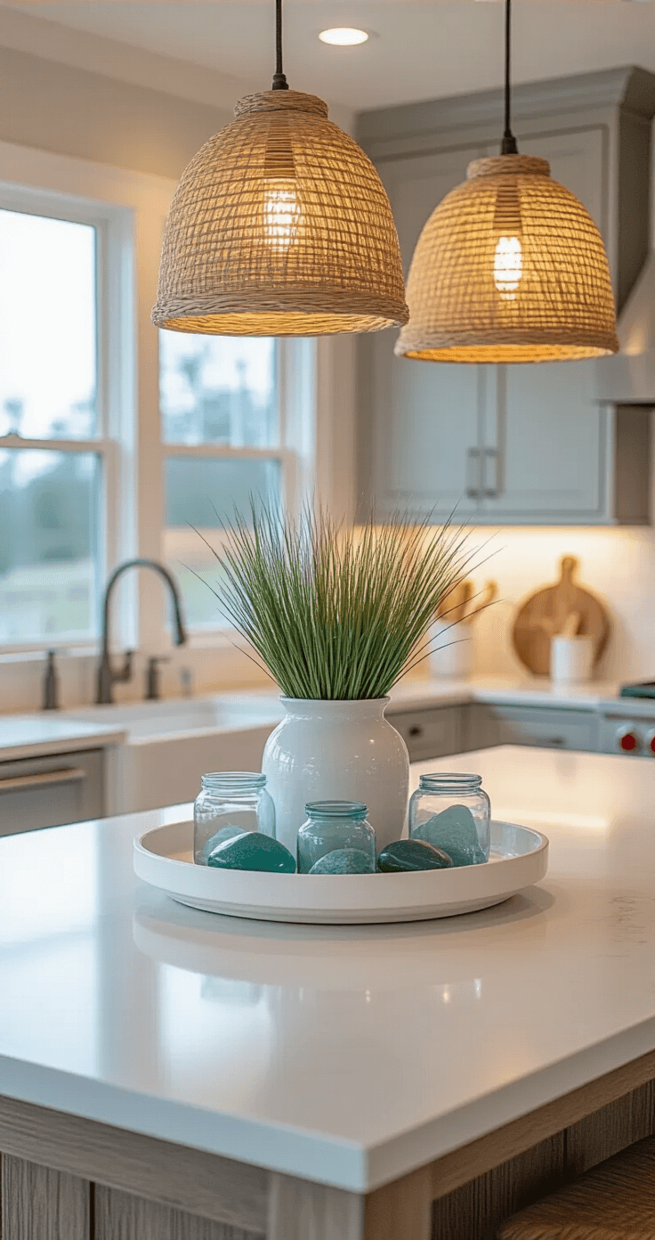 Intimate coastal kitchen island featuring a white quartz top adorned with sea glass vessels and coastal grasses, illuminated by woven pendant lights, set against pale gray cabinets and dusk-lit windows.