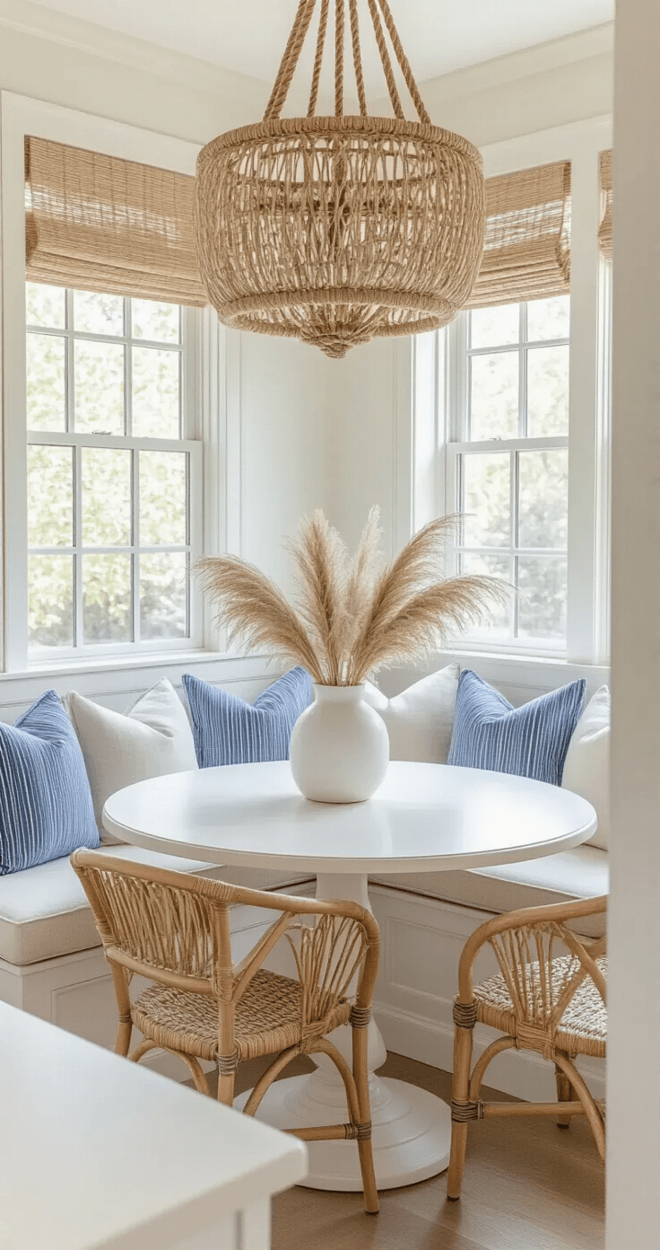 Cozy breakfast nook in a bright kitchen, featuring a built-in banquette with natural linen upholstery, ivory and blue striped pillows, a circular whitewashed table, and rattan chairs, all illuminated by a rope-wrapped chandelier. A white ceramic vase filled with pampas grass adds a decorative touch.