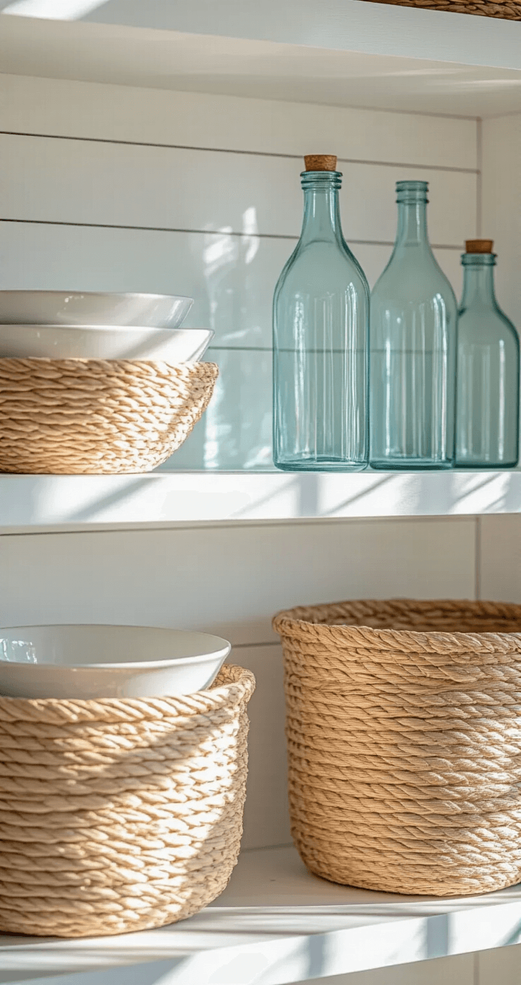 Close-up detail of an open shelving vignette in a kitchen, showcasing white ceramic bowls, seagrass baskets, and pale blue glass bottles against white shiplap. Morning light casts dramatic shadows, emphasizing textures, with warm copper accents adding depth.