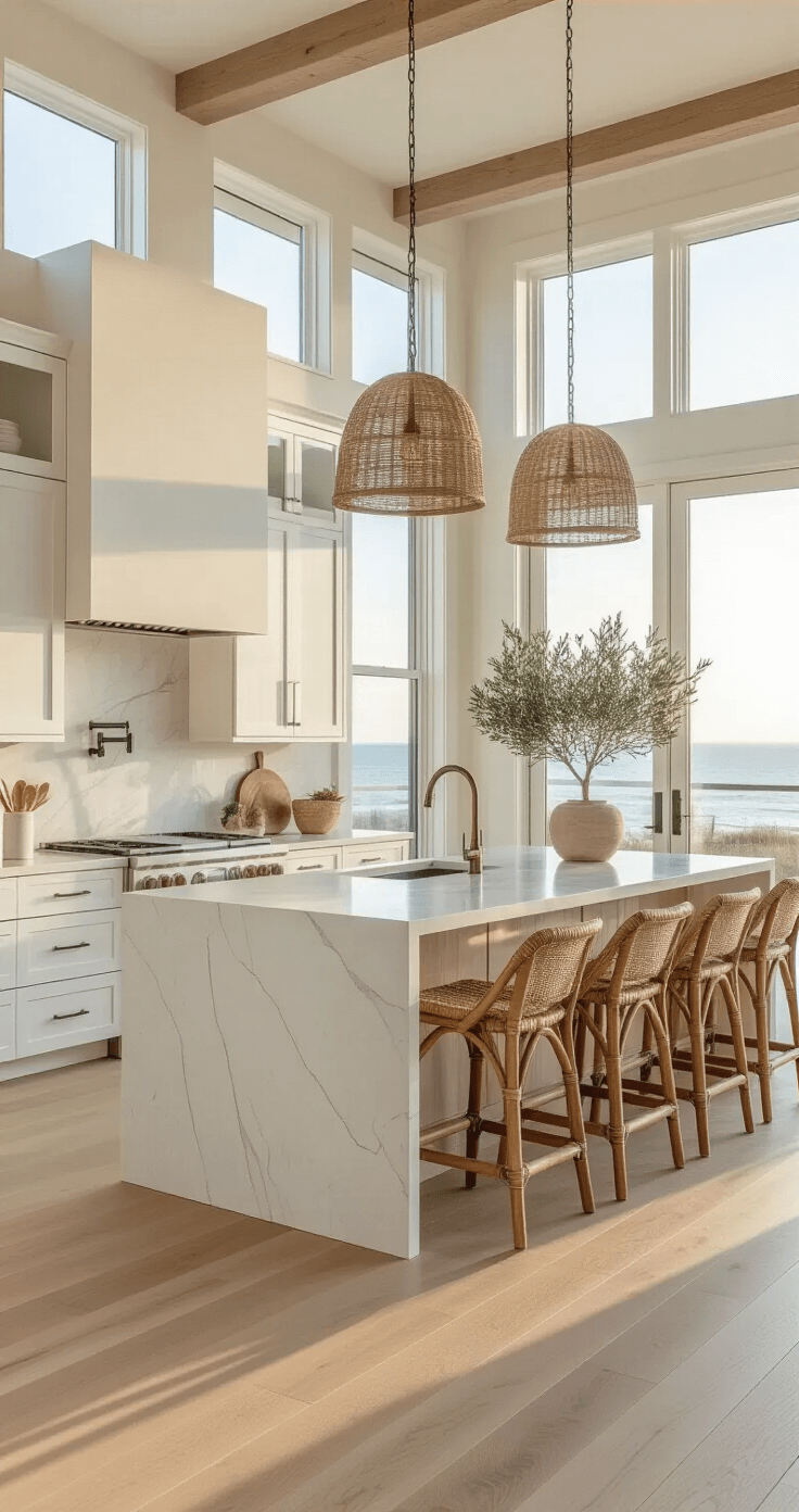 Wide shot of a coastal kitchen living space in late afternoon light, showcasing an L-shaped layout with white cabinets and pale oak floors, featuring floor-to-ceiling windows. The island has a waterfall quartz countertop and driftwood bar stools, adorned with a potted olive tree, woven pendant lights, and shell accents.