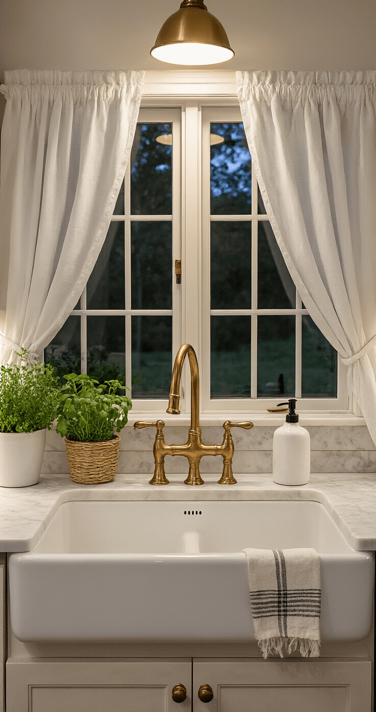 Moody evening kitchen scene featuring a white farmhouse sink with cafe curtains, brass faucet, marble backsplash, and styled countertop with a soap dispenser, potted herbs, and a woven hand towel.