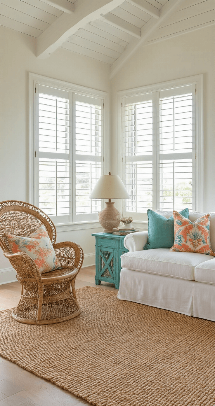 Capturing Old Florida Home Charm: A Vintage Coastal Styling Guide A vintage coastal living room featuring a sun-drenched 20x24ft space with high ceilings, white wooden beams, and plantation shutters, showcasing a rattan peacock chair, distressed teal side table, jute rug, vintage Persian overlay, and a white slip-covered sofa with tropical print pillows, all bathed in warm afternoon light.
