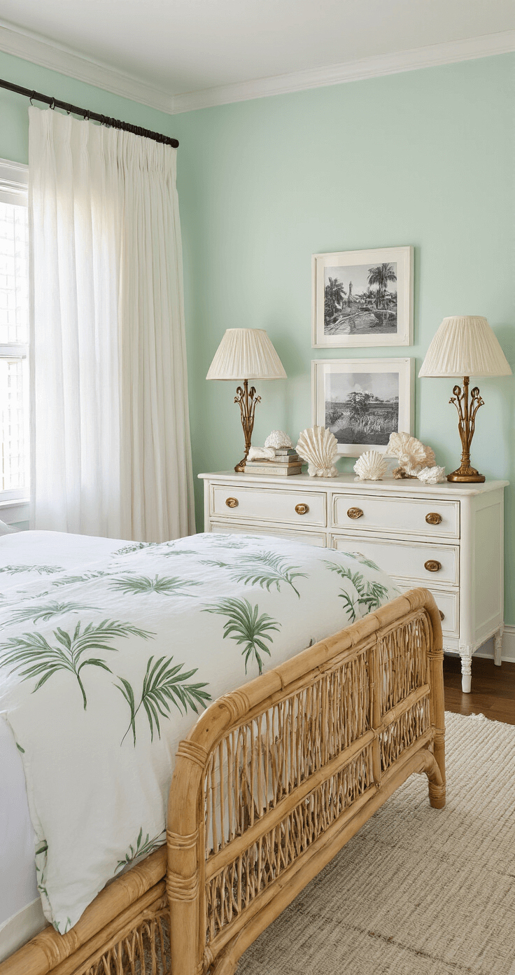 Capturing Old Florida Home Charm: A Vintage Coastal Styling Guide A cozy master bedroom in Florida featuring pale mint walls and white trim, illuminated by early morning light through gauzy curtains. The king-sized bamboo bed is adorned with white linens and a vintage palm print throw. Rattan nightstands with brass shell-shaped lamps flank the bed, while a weathered white dresser displays coral specimens and vintage black-and-white photographs.