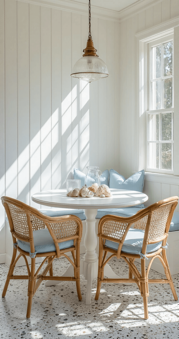 Capturing Old Florida Home Charm: A Vintage Coastal Styling Guide Coastal breakfast nook with white beadboard walls, original terrazzo flooring, and mid-morning sunlight casting shadows. Features a round whitewashed table, four rattan chairs with blue cushions, and a vintage brass pendant light. Decorated with shells and coral in glass cloches.