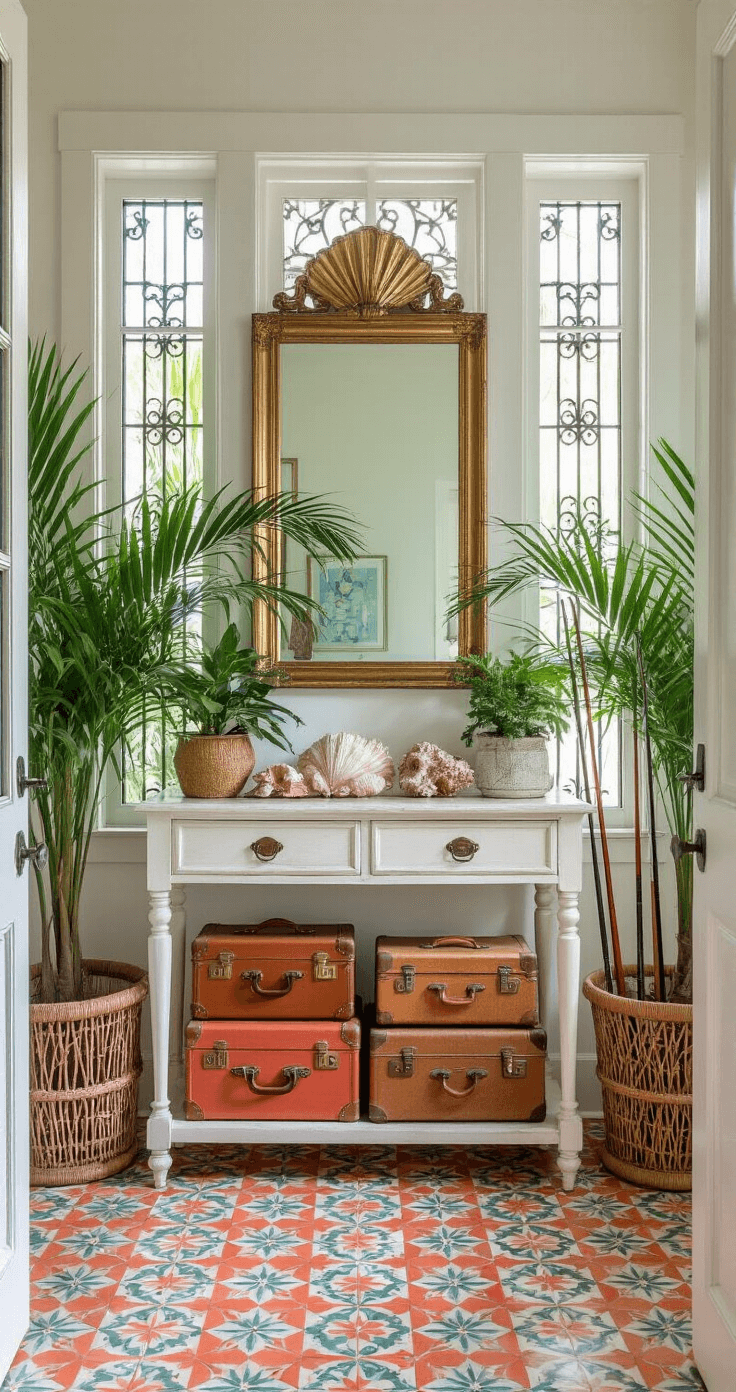 Capturing Old Florida Home Charm: A Vintage Coastal Styling Guide A bright and airy old Florida entry foyer featuring coral and seafoam Cuban tile flooring, a distressed white console table with a brass shell mirror, potted palm plants, stacked vintage suitcases adorned with coral, and a rattan umbrella stand with fishing poles, all illuminated by afternoon light casting geometric shadows through wrought iron windows.