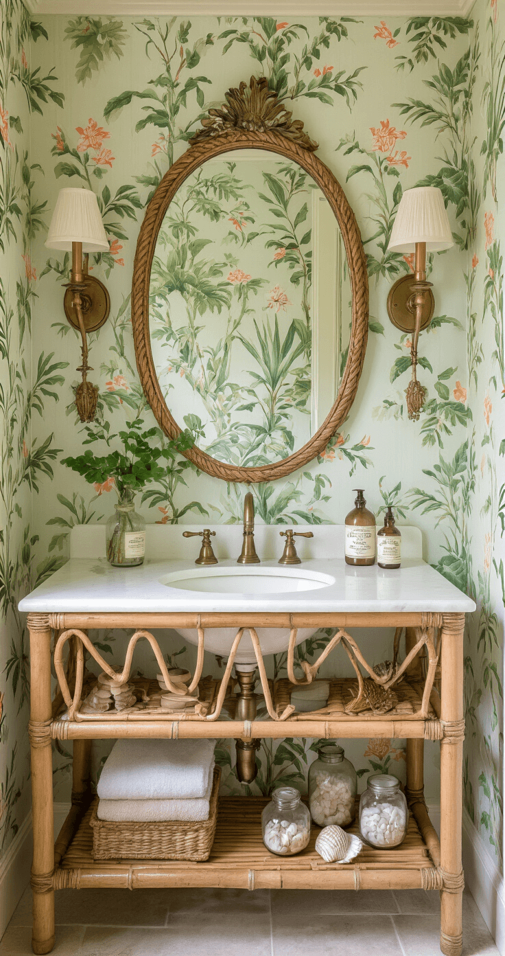 Capturing Old Florida Home Charm: A Vintage Coastal Styling Guide Intimate tropical powder room featuring vintage botanical wallpaper of Florida flora in soft greens and corals, antique brass sconces with milk glass shades, an oval mirror with a rope detail frame, a pedestal sink with original brass fixtures, and a weathered bamboo shelf with vintage apothecary bottles and shell collections, captured straight-on at f/4 with soft, even lighting.