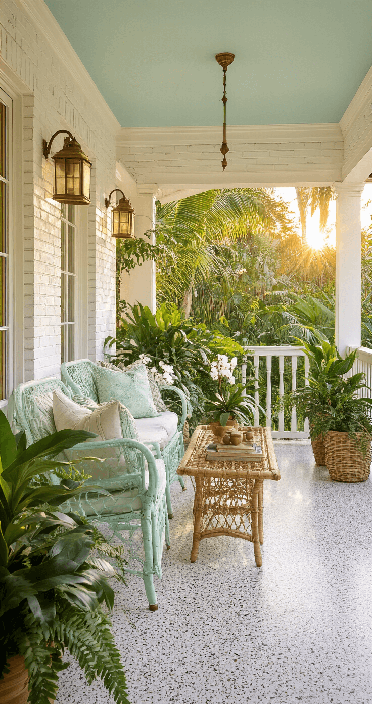 Capturing Old Florida Home Charm: A Vintage Coastal Styling Guide A cozy Florida porch sanctuary featuring a 10x30ft covered lanai with original terrazzo flooring and white-painted brick walls, bathed in golden hour light filtered through tropical foliage. The scene includes a vintage mint green metal glider with rattan side tables, brass shell wind chimes, and potted orchids and ferns, capturing the magical glow of sunset.