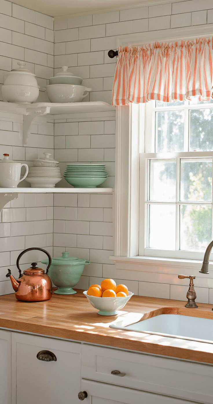 Capturing Old Florida Home Charm: A Vintage Coastal Styling Guide Bright coastal kitchen vignette with white subway tile, butcher block counters, and open shelving displaying milk glass and jadeite dishes, illuminated by direct morning sunlight through vintage coral stripe café curtains. A copper tea kettle and a vintage ceramic bowl with fresh citrus add warm accents.