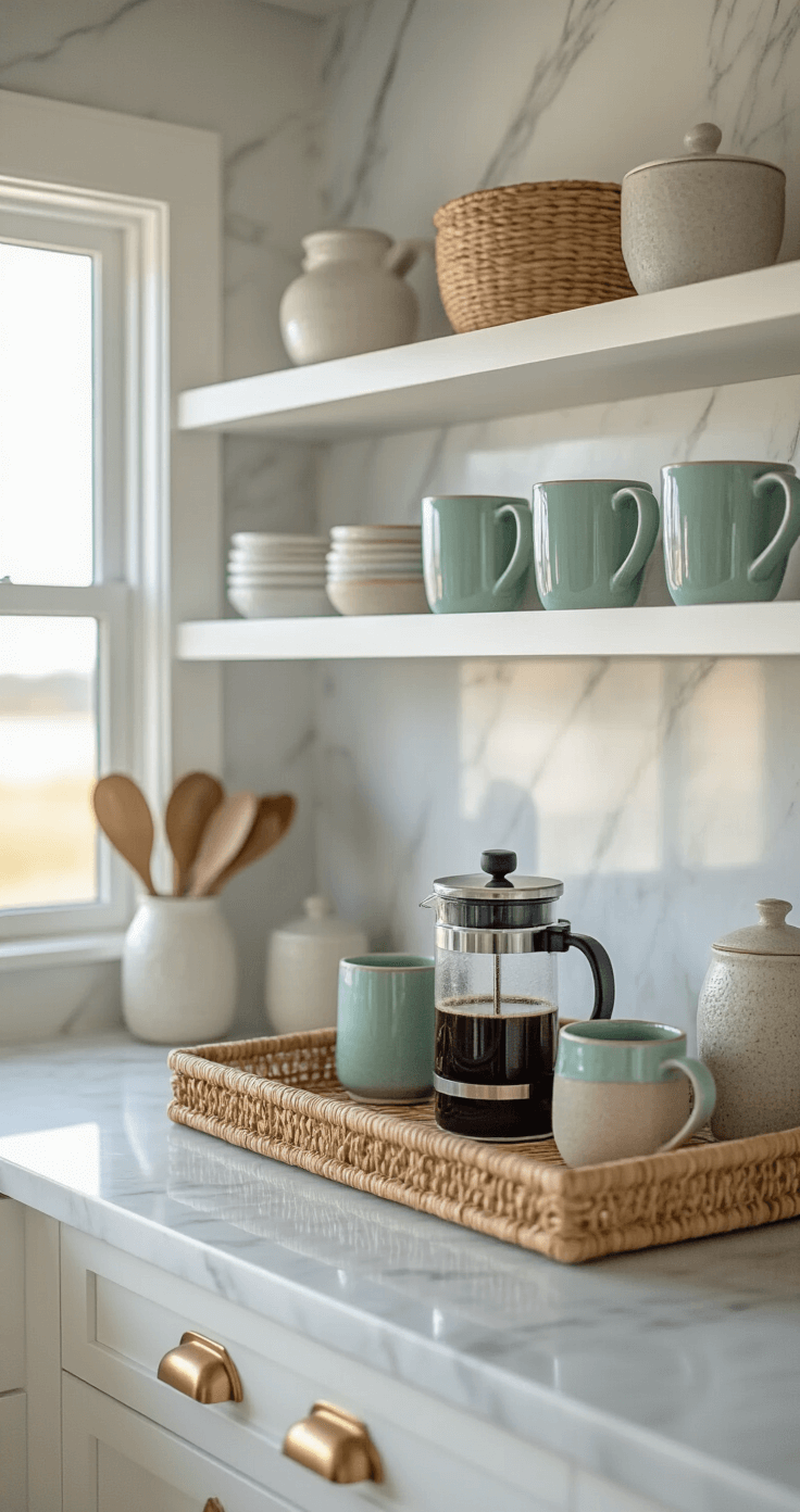 Coastal Cool: Transform Your Kitchen into a Modern Seaside Sanctuary Intimate macro shot of a coastal kitchen coffee station at dawn, featuring a marble backsplash, white cabinetry, rattan tray with a French press, and artisanal seafoam and sand-toned mugs on floating shelves.