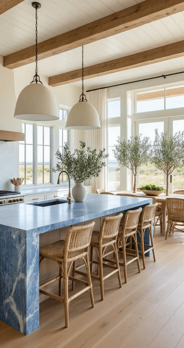 Coastal Cool: Transform Your Kitchen into a Modern Seaside Sanctuary A spacious open-concept coastal kitchen featuring exposed wooden beams and a whitewashed plank ceiling, with a large island topped in blue-veined quartzite that seats six in woven rope barstools, surrounded by floor-to-ceiling windows and potted olive trees, all bathed in natural midday light.