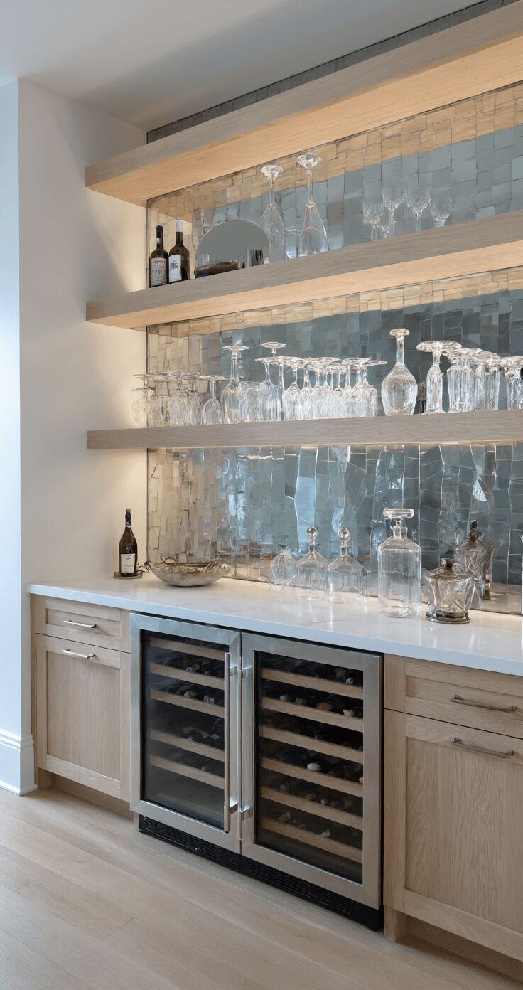 Coastal Cool: Transform Your Kitchen into a Modern Seaside Sanctuary Modern coastal kitchen bar area during twilight, featuring built-in wine storage with glass doors, white oak floating shelves displaying glassware, an antiqued mirror backsplash, and a balanced moody atmosphere.