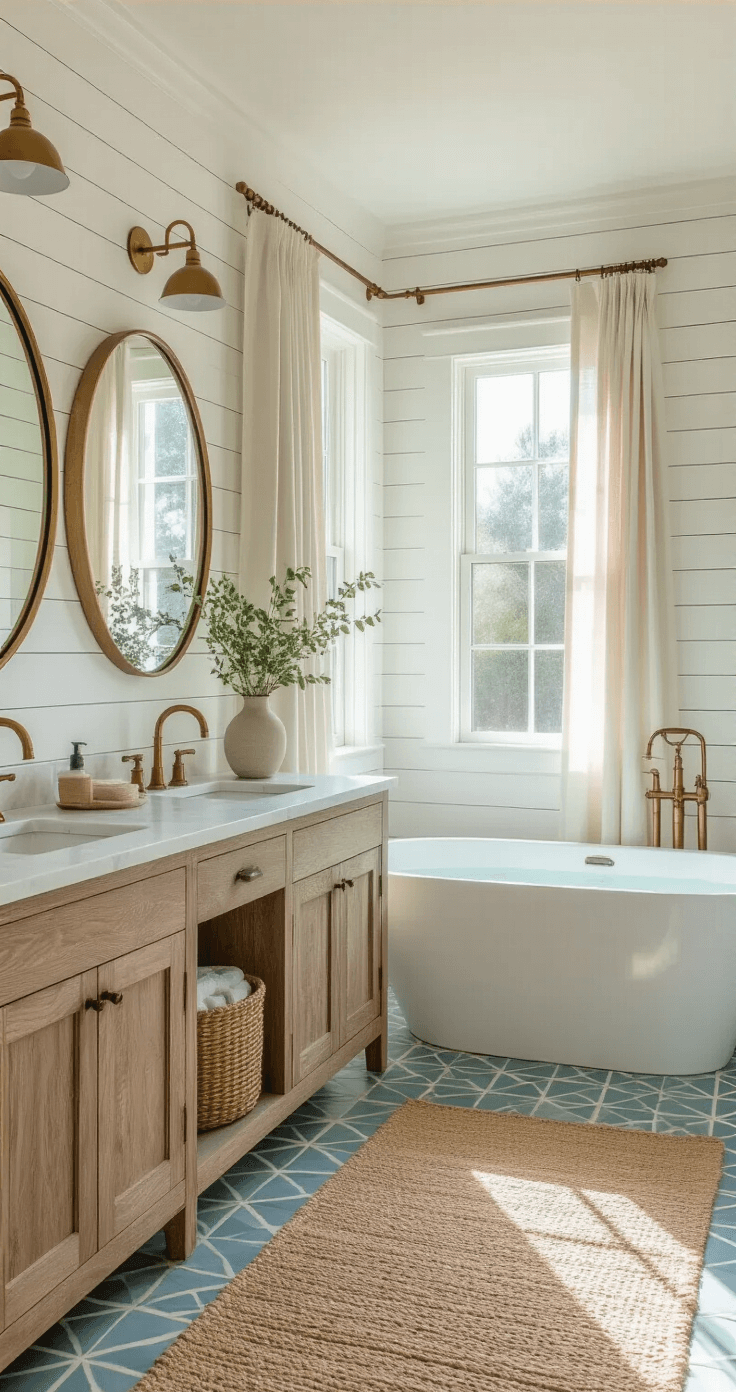 Coastal Bathroom Design: Create Your Seaside Sanctuary at Home A bright coastal bathroom featuring tall windows with sheer curtains, a weathered oak double vanity with marble top and brass fixtures, round mirrors, a freestanding white soaking tub, seagrass baskets, and geometric blue floor tiles, all captured from a low angle with soft shadows.