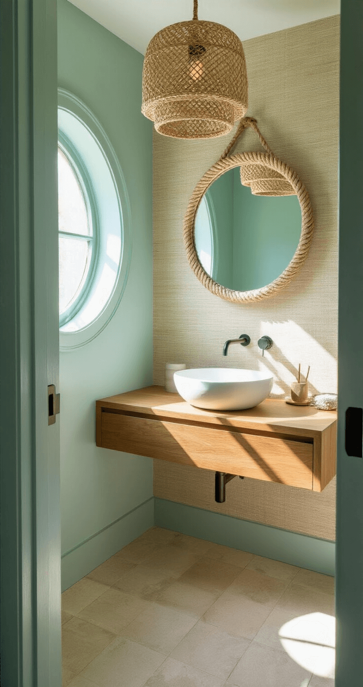 Coastal Bathroom Design: Create Your Seaside Sanctuary at Home A powder room featuring pale aqua walls, a floating teak vanity, a circular rope-detailed mirror, and a white ceramic vessel sink. Late afternoon sunlight streams through a porthole window, highlighting the space, while a woven pendant light creates intricate shadows against sandy beige grasscloth wallpaper.