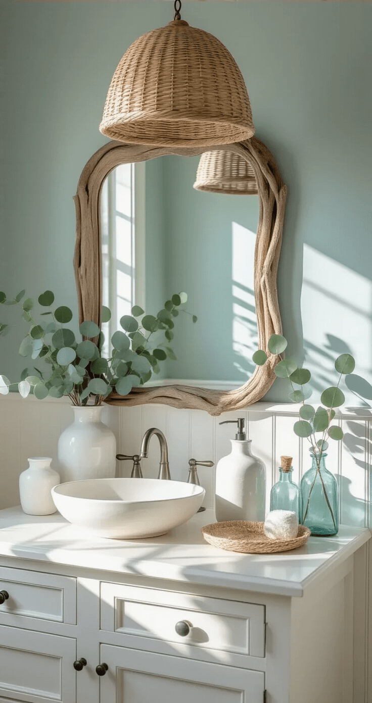 Coastal Bathroom Design: Create Your Seaside Sanctuary at Home Detail-focused bathroom corner vignette with early morning light, showcasing a styled vanity with white ceramic vessels, a driftwood mirror, and eucalyptus stems against pale blue-grey walls and white beadboard wainscoting, featuring a woven seagrass pendant and vintage sea glass bottles, captured with a macro lens to highlight texture interplay.