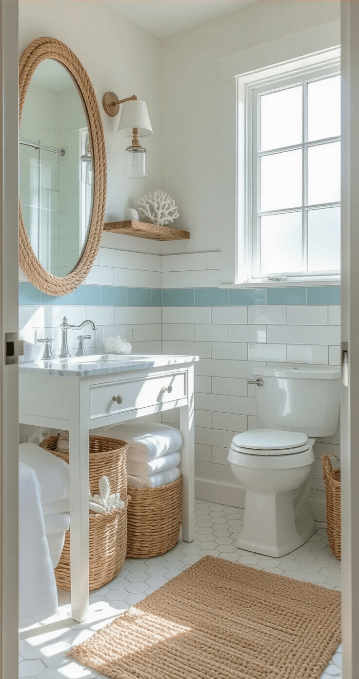 Transforming Your Small Bathroom into a Coastal Haven: A Complete Design Guide A bright and compact bathroom featuring white subway-tiled walls with a sea glass blue accent strip, a slim white floating vanity with a marble top, and woven rattan baskets. The space includes an oval mirror with rope detail, clear glass sconces, a driftwood shelf above the toilet displaying coral and sea glass, and a textured jute rug on white hexagon floor tiles, all illuminated by morning sunlight.
