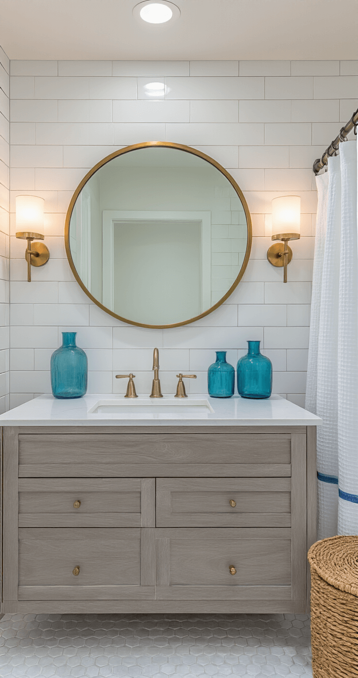 Transforming Your Small Bathroom into a Coastal Haven: A Complete Design Guide Eye-level view of a modern bathroom featuring glossy white penny tiles, a driftwood grey floating vanity with white quartz top, a circular brass mirror, frosted glass sconces, and graduated blue glass vases, illuminated by natural light from a skylight. A woven seagrass hamper and a white waffle shower curtain with blue stripes complete the design.