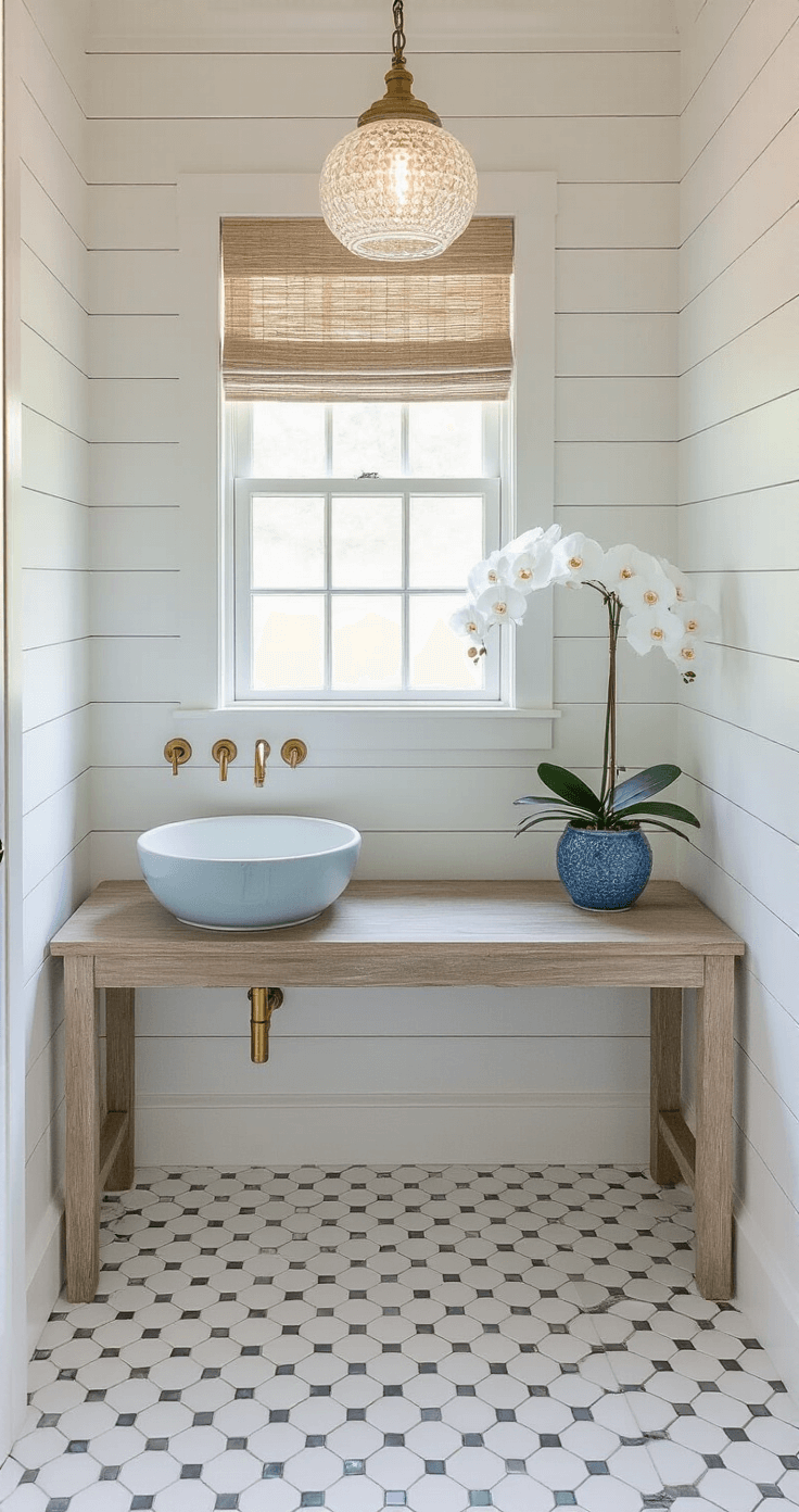 Transforming Your Small Bathroom into a Coastal Haven: A Complete Design Guide Overhead view of a coastal powder room featuring porcelain white octagon floor tiles, a wall-mounted brass faucet, a pale blue-grey round vessel sink on a weathered teak console table, a vintage beveled mirror, a seeded glass pendant light, a natural fiber roman shade, and a white orchid in a blue ceramic pot.