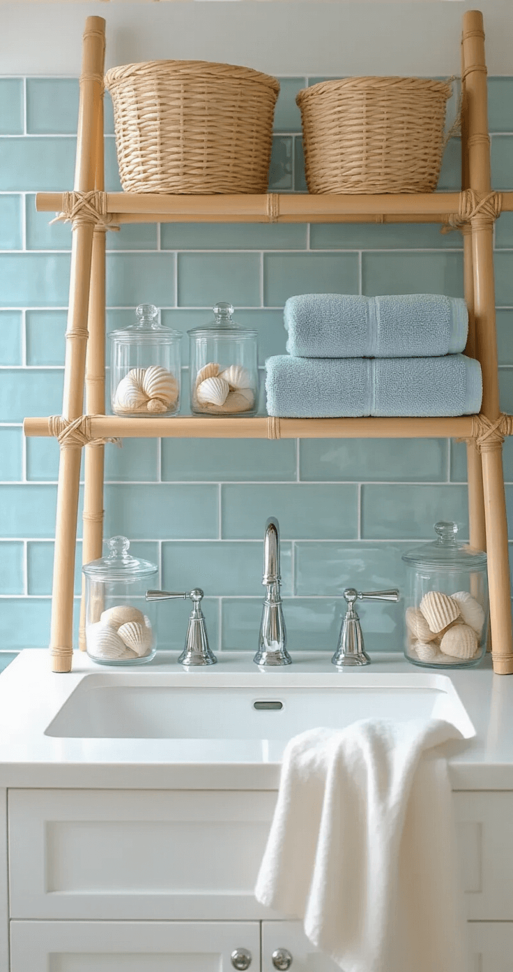 Transforming Your Small Bathroom into a Coastal Haven: A Complete Design Guide A serene bathroom scene bathed in soft morning light, featuring a white quartz countertop with an integrated sink, a pale blue glass tile backsplash, a whitewashed bamboo ladder shelf with grey towels and sea grass baskets, and a clear glass canister set displaying shells and sand, complemented by shiny chrome fixtures and an organic cotton hand towel draped asymmetrically.