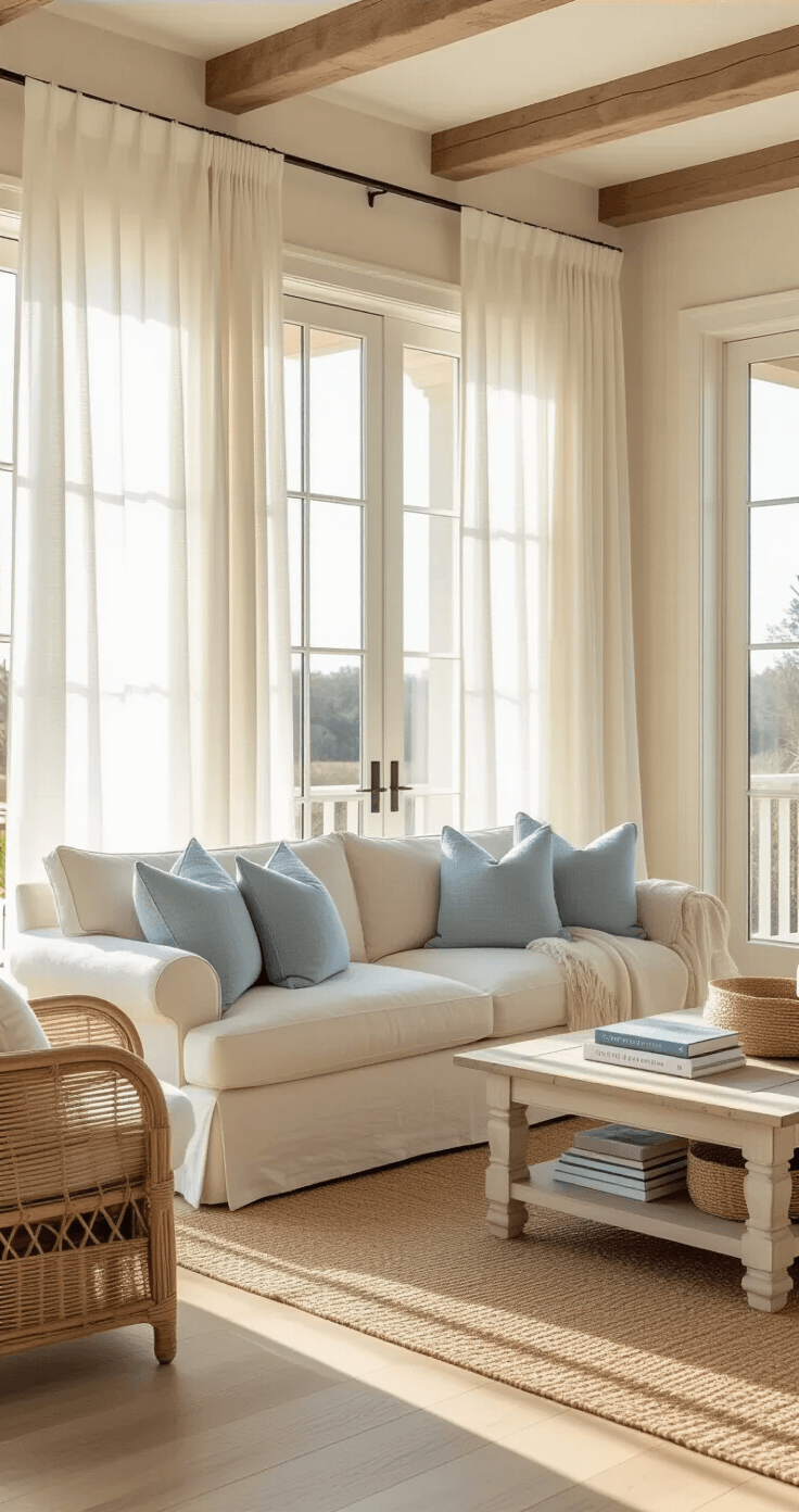 Coastal Granddaughter Aesthetic: Your Ultimate Guide to Sun-Kissed, Breezy Living Sunlit coastal living room with floor-to-ceiling white curtains, plush ivory sofa with blue and beige pillows, rattan accent chair, natural seagrass baskets, distressed white coffee table, and exposed wooden beams, captured in golden hour glow.