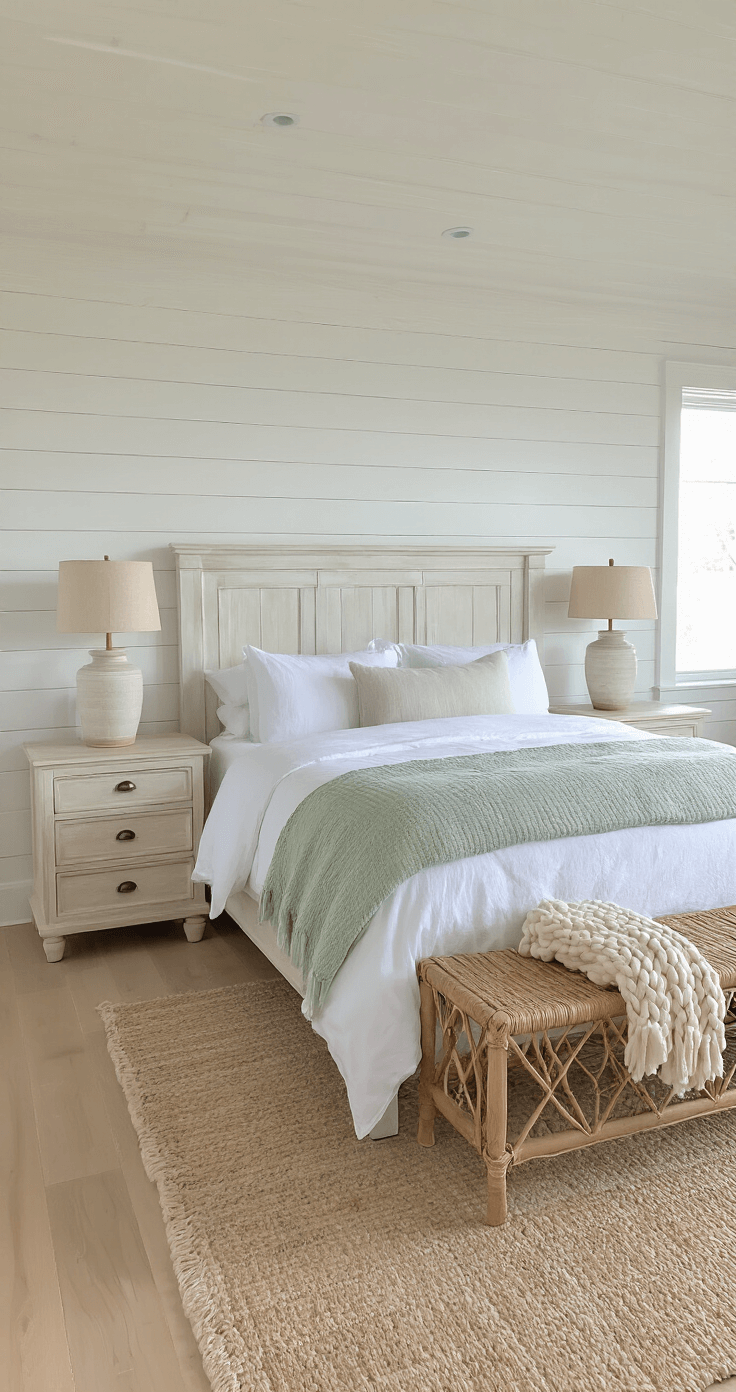 Coastal Granddaughter Aesthetic: Your Ultimate Guide to Sun-Kissed, Breezy Living A serene coastal bedroom featuring a whitewashed wooden bed with crisp linen bedding, shiplap accent wall, vintage rattan bench, and bleached oak flooring, all illuminated by morning light.