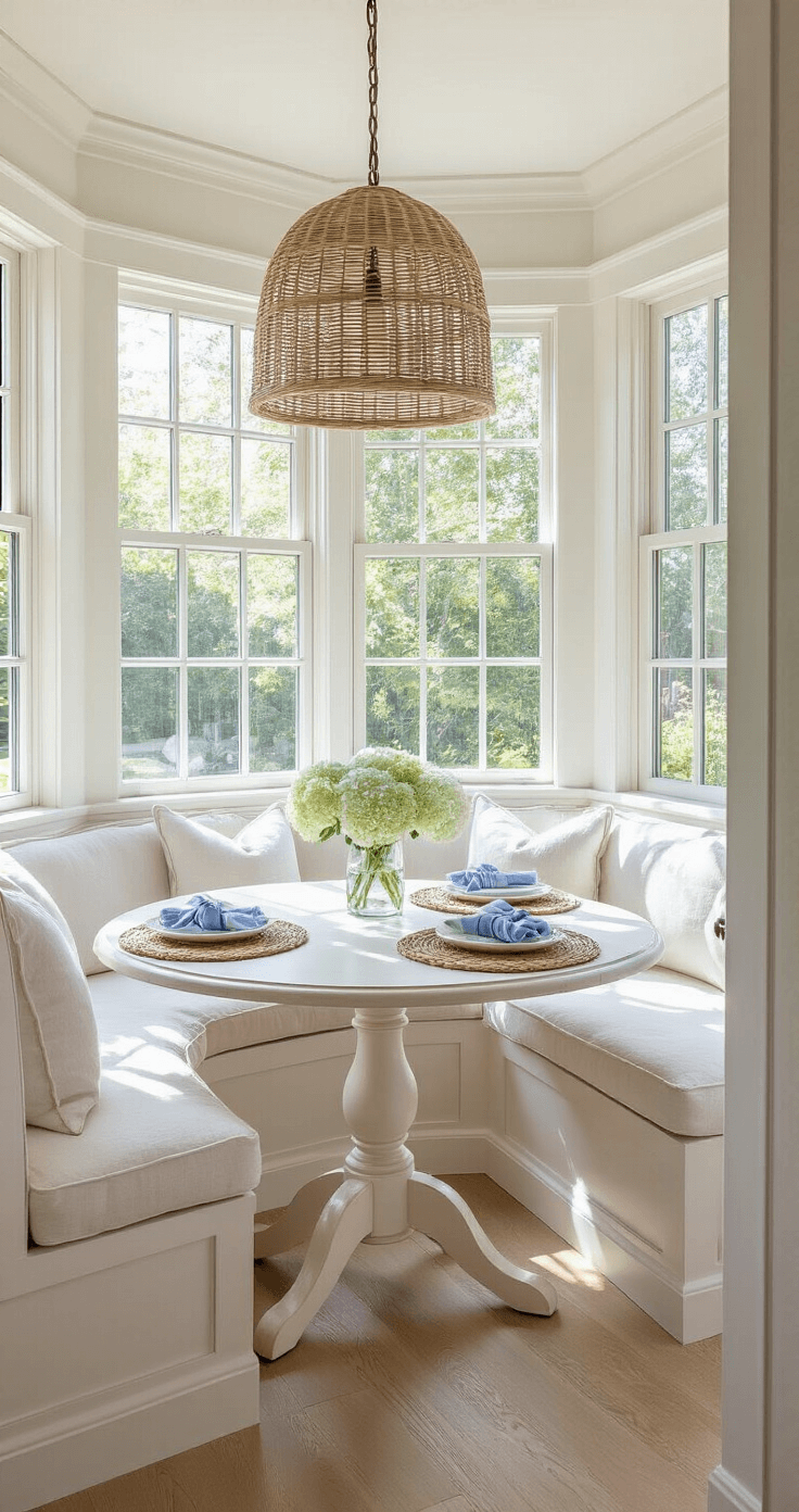 Coastal Granddaughter Aesthetic: Your Ultimate Guide to Sun-Kissed, Breezy Living A cozy breakfast nook with a built-in white linen banquette, round whitewashed oak table, rattan pendant light, woven placemats, blue-striped napkins, and a centerpiece of fresh hydrangeas, illuminated by mid-morning light streaming through bay windows.