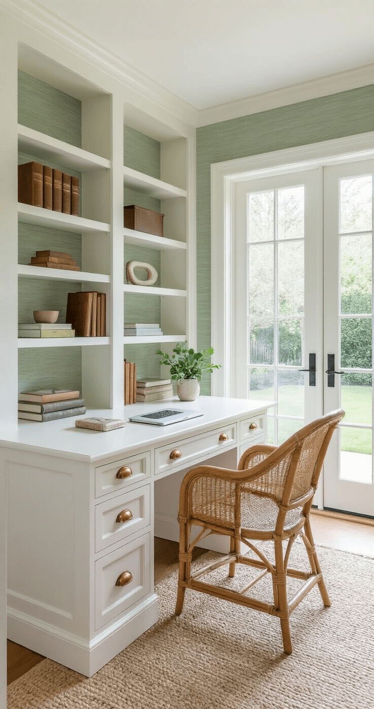 Coastal Granddaughter Aesthetic: Your Ultimate Guide to Sun-Kissed, Breezy Living A bright 12x14ft coastal home office featuring French doors to a garden, a white desk with brass hardware, a natural rattan chair, built-in bookshelves with curated items, and sage green grasscloth wallpaper.