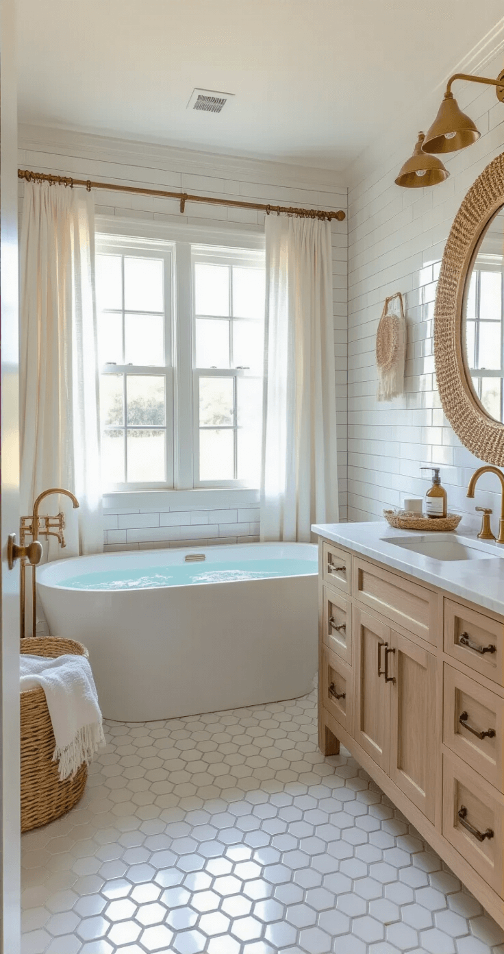 Coastal Granddaughter Aesthetic: Your Ultimate Guide to Sun-Kissed, Breezy Living Luxe coastal bathroom with marble hexagon floor tiles, subway tile walls, a freestanding soaking tub under sheer linen curtains, vintage brass fixtures, a rattan mirror, and a white oak vanity with coastal-inspired accessories, captured in bright morning light.