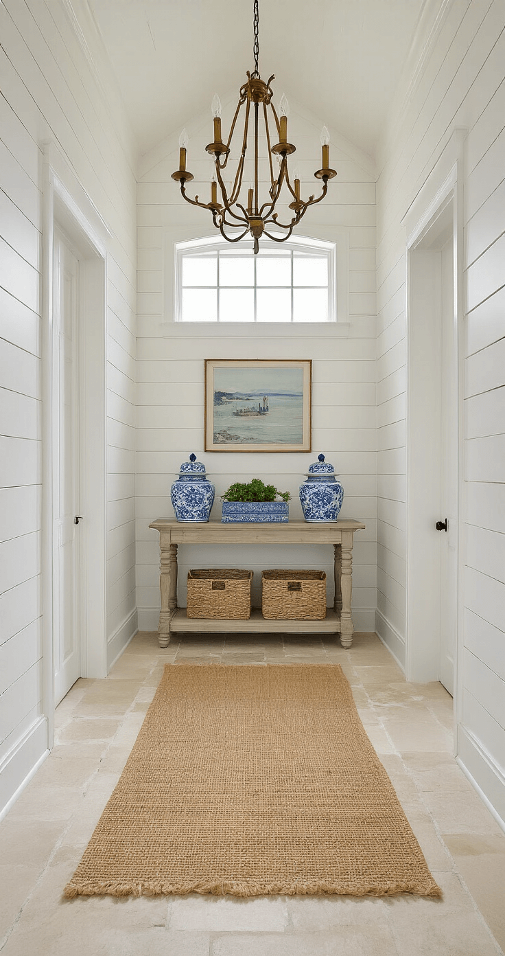 Coastal Granddaughter Aesthetic: Your Ultimate Guide to Sun-Kissed, Breezy Living Light-filled coastal foyer with shiplap walls, vintage console table, blue and white ginger jars, and seagrass runner on limestone flooring, featuring a statement chandelier and natural morning light.