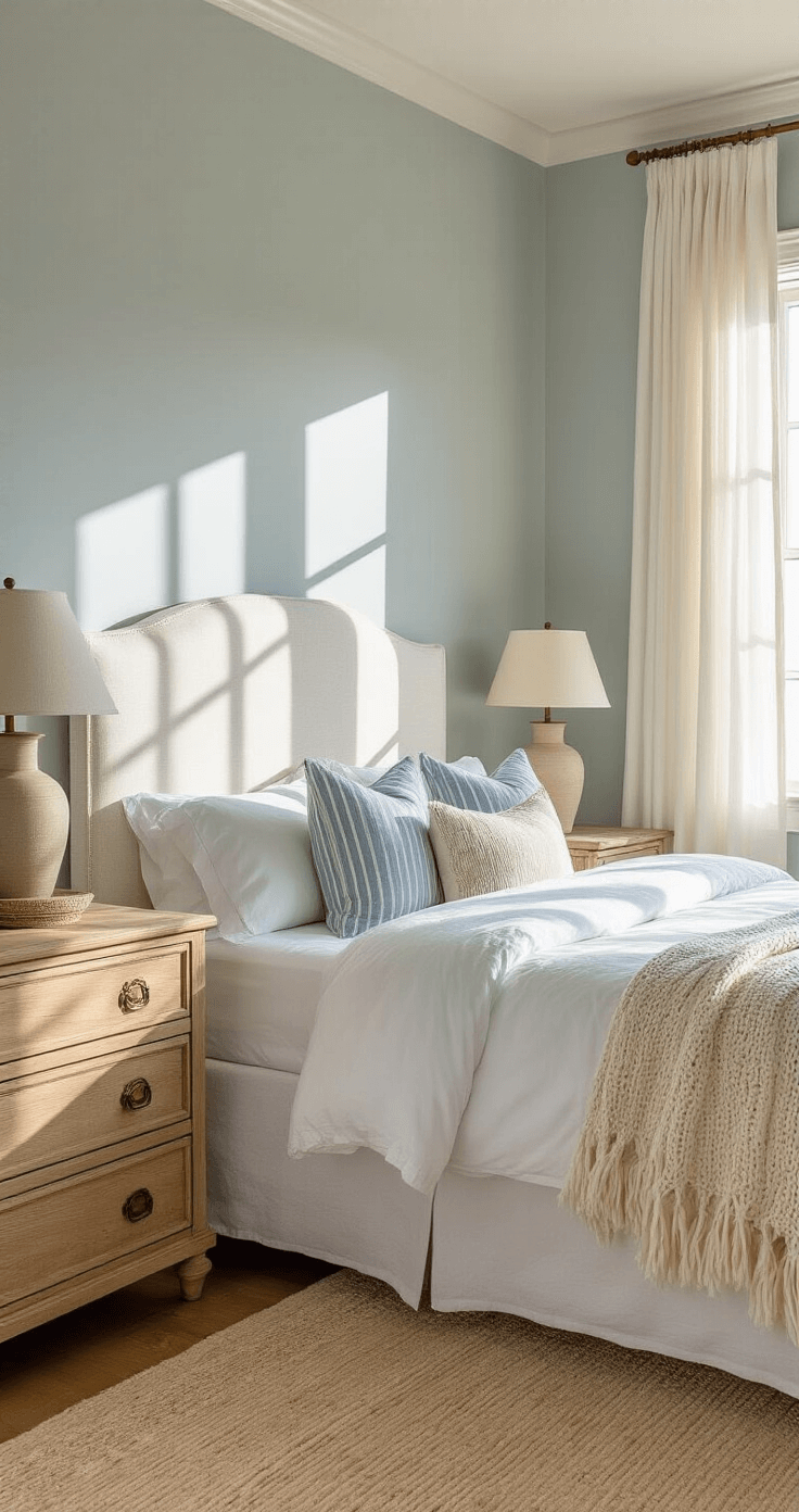 A serene coastal bedroom featuring a queen-size bed with white linen headboard, pale blue-gray walls, vintage oak dresser, and layered bedding in cream and sand tones, illuminated by warm natural light from west-facing windows.