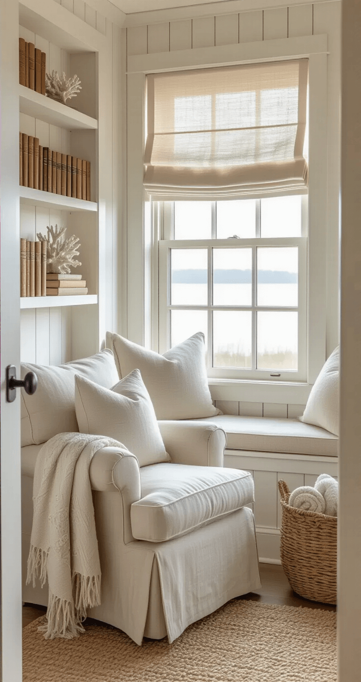 Intimate corner view of a coastal reading nook at dawn featuring a built-in window seat with weathered white wood paneling, morning light filtering through roman shades, an oversized linen armchair in oatmeal, a distressed side table, a woven seagrass basket with rolled blankets, and a styled bookshelf with vintage hardcovers and coral specimens, all evoking a peaceful and contemplative mood.
