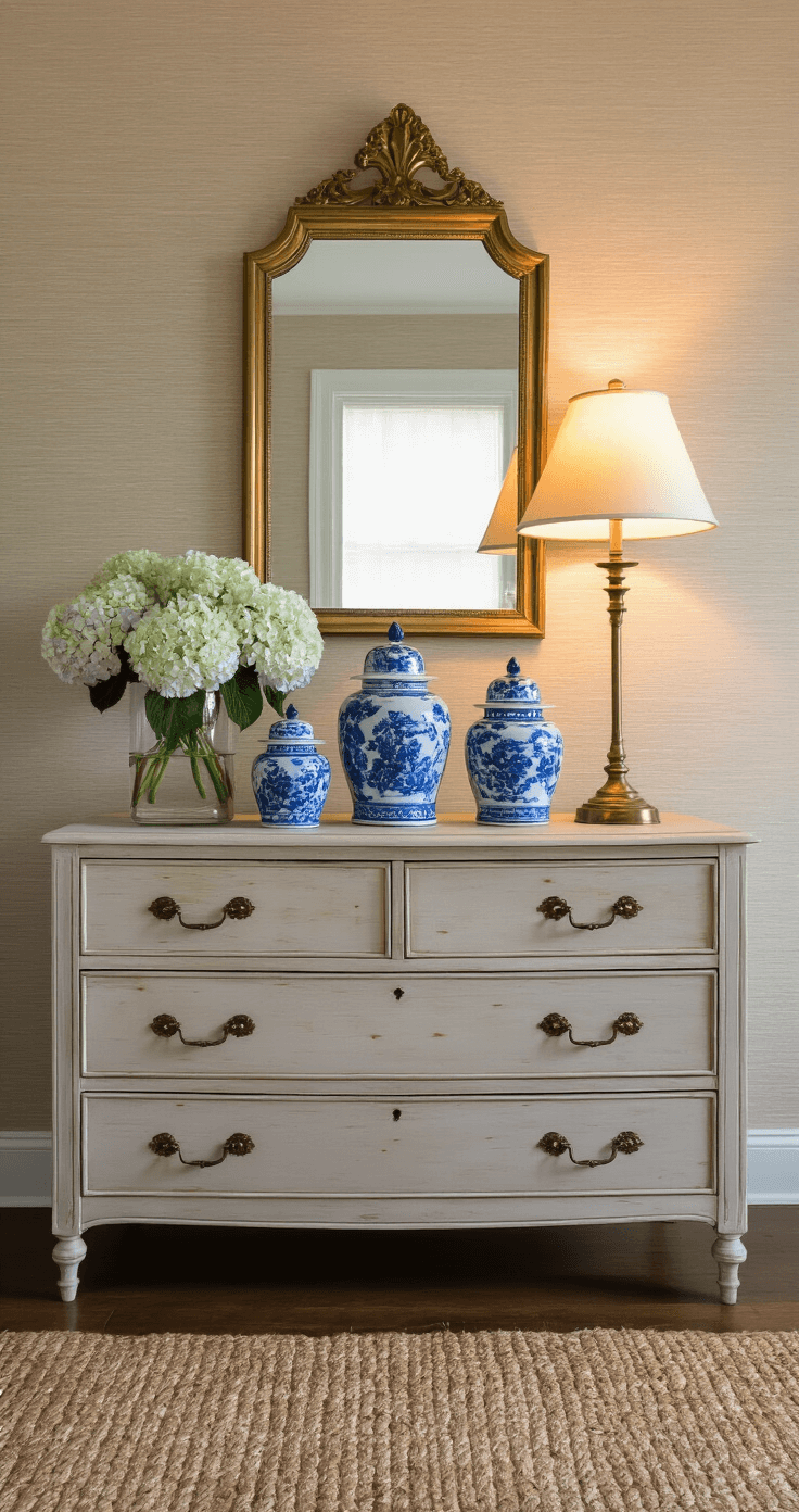 A cozy master bedroom vignette at dusk featuring an antique pine dresser against a textured grasscloth wall, a brass-framed mirror reflecting a warm table lamp, a collection of blue-and-white ginger jars, and fresh hydrangeas in a clear glass vase, all on a natural fiber rug, with mixed warm and fading natural light.