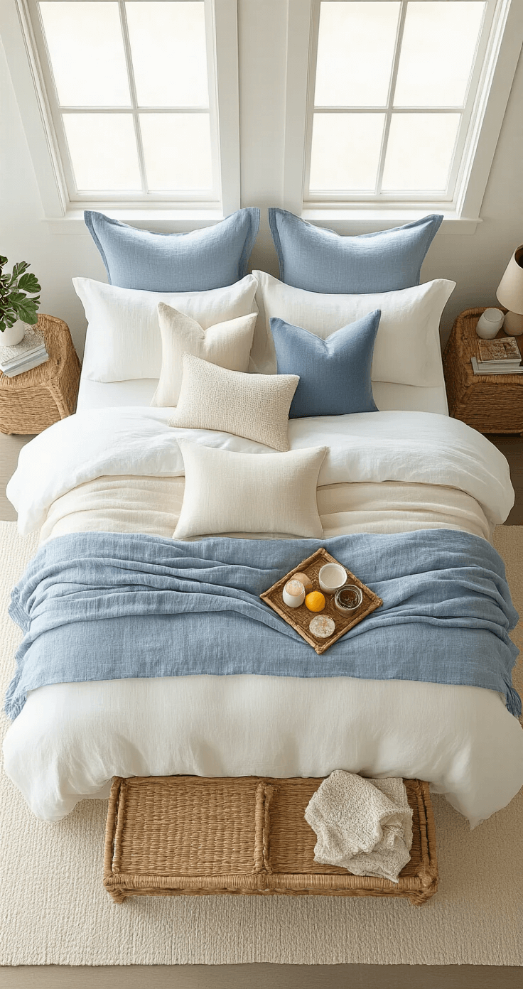 Overhead view of a king-size bed elegantly adorned with white linen, cream cotton, and chambray blue throws, accented by decorative pillows in various textures and colors. A rattan tray set for breakfast adds a lifestyle touch, illuminated by soft natural light, conveying a sense of abundant comfort.