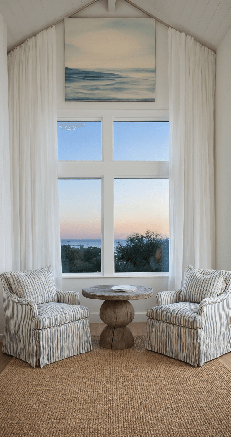 A twilight bedroom featuring a window wall with sheer curtains billowing, striped upholstered chairs beside a round weathered wood table, an oversized seascape artwork above, and a sisal rug, all highlighting the 12ft ceiling and creating an ethereal, romantic ambiance with blue hour and warm interior lighting.