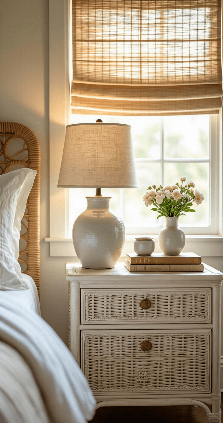 Layered bedside vignette featuring a whitewashed rattan nightstand adorned with a ceramic lamp, vintage books, and a small bud vase with fresh flowers, illuminated by golden morning light filtering through a natural fiber roman shade. Woven wall basket hangs above, creating a casual elegance atmosphere.