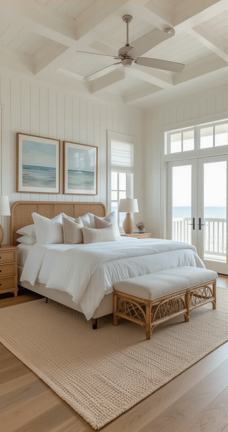 Bright coastal bedroom suite with a central king bed, rattan nightstands, and a cozy upholstered bench, featuring a gallery wall and French doors to a balcony, all under a tray ceiling and in natural daylight.