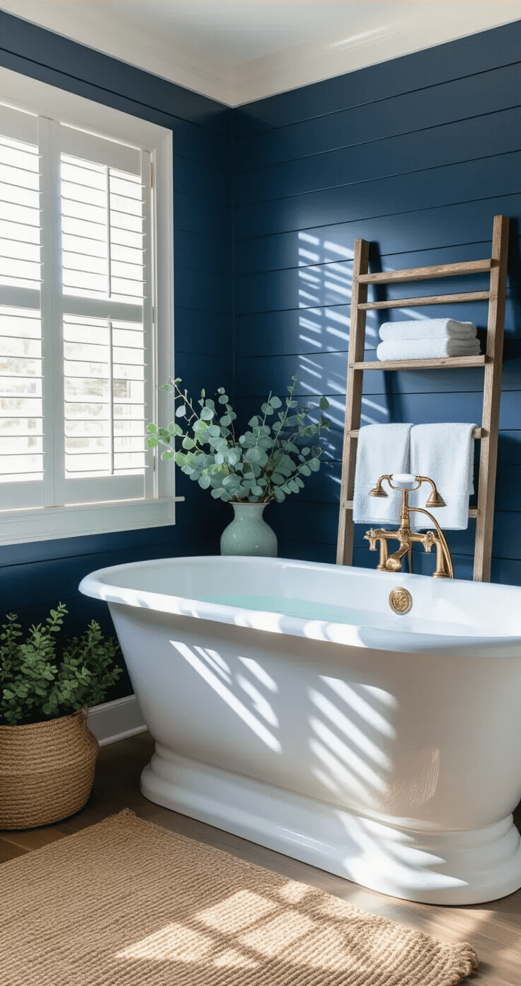 Coastal Farmhouse Bathroom: Your Ultimate Transformation Guide Luxurious clawfoot tub against navy shiplap wall in a spacious coastal farmhouse bathroom, with soft light filtering through shutters, brass fixtures, and a vintage ladder shelf display.