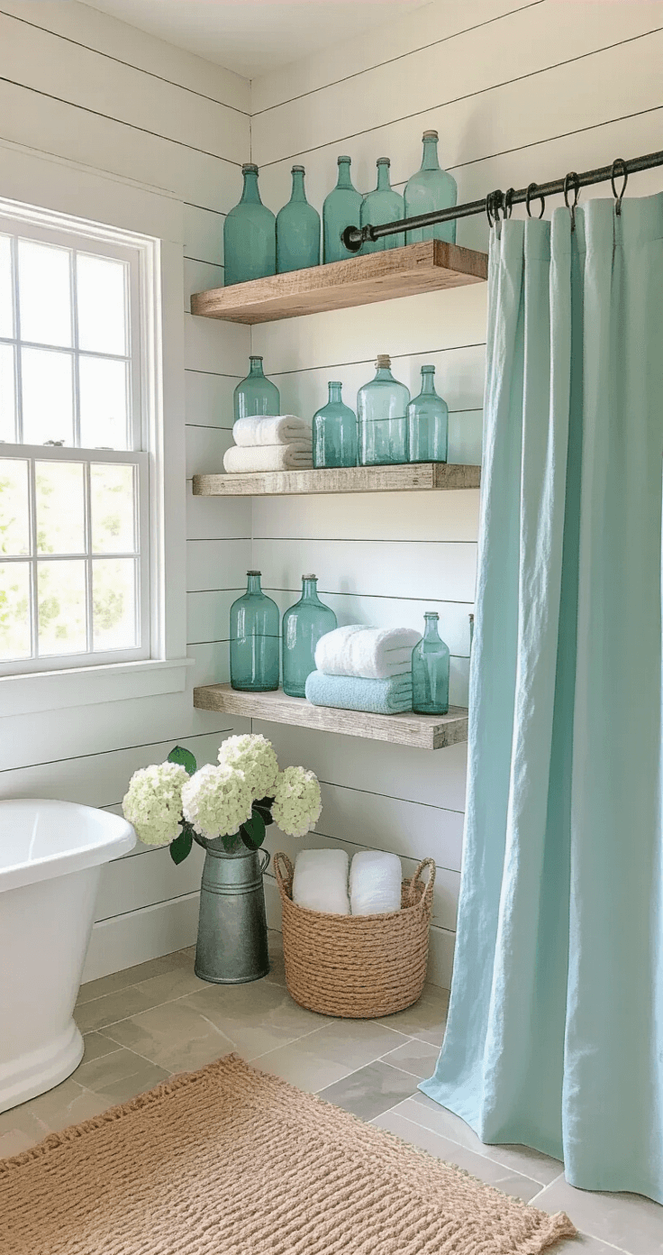 Coastal Farmhouse Bathroom: Your Ultimate Transformation Guide Seasonal summer bathroom styled with sea glass accessories, light textiles on reclaimed wood shelves, whitewashed shiplap walls, blue and green glass bottles, soft aqua linen shower curtain, jute bath mat, and fresh white hydrangeas, creating a bright, breezy coastal atmosphere.