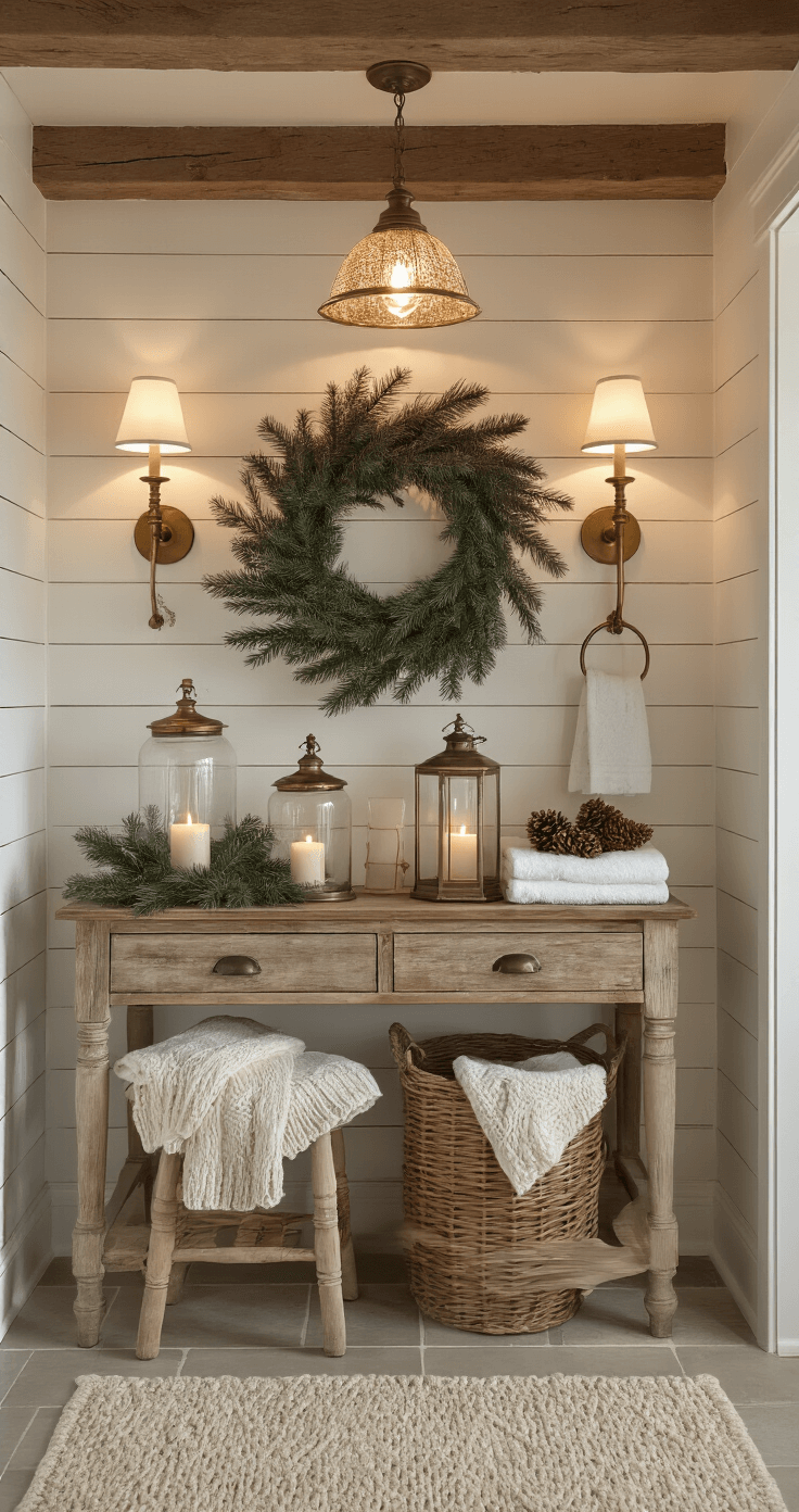 Coastal Farmhouse Bathroom: Your Ultimate Transformation Guide Cozy coastal farmhouse bathroom featuring warm metallics and neutral textures, with evergreen branches in vintage glass cloches, cream cable-knit throw on antique stool, and glowing brass sconces against soft shiplap. Woven baskets hold winter-white towels and pinecones, with flickering hurricane lanterns adding to the ambiance, all under soft pendant lighting in an intimate winter retreat setting.