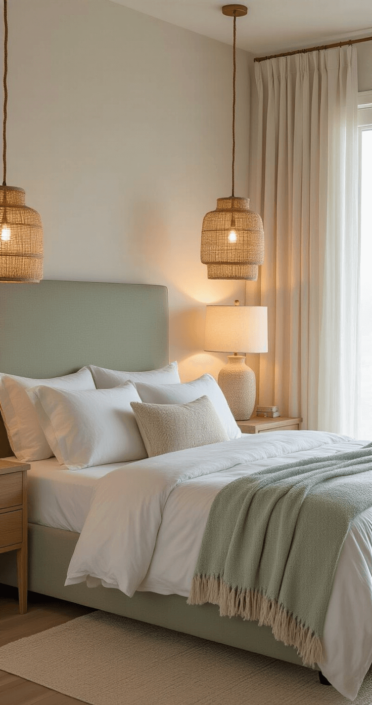 Creating a Modern Coastal Master Bedroom: Your Ultimate Styling Guide Modern coastal bedroom at twilight featuring elegant woven rope pendant lights, a soft sage green upholstered headboard, white and cream king-size bedding, brushed gold hardware, and translucent glass table lamps, with sheer linen curtains creating a dreamy ambiance.